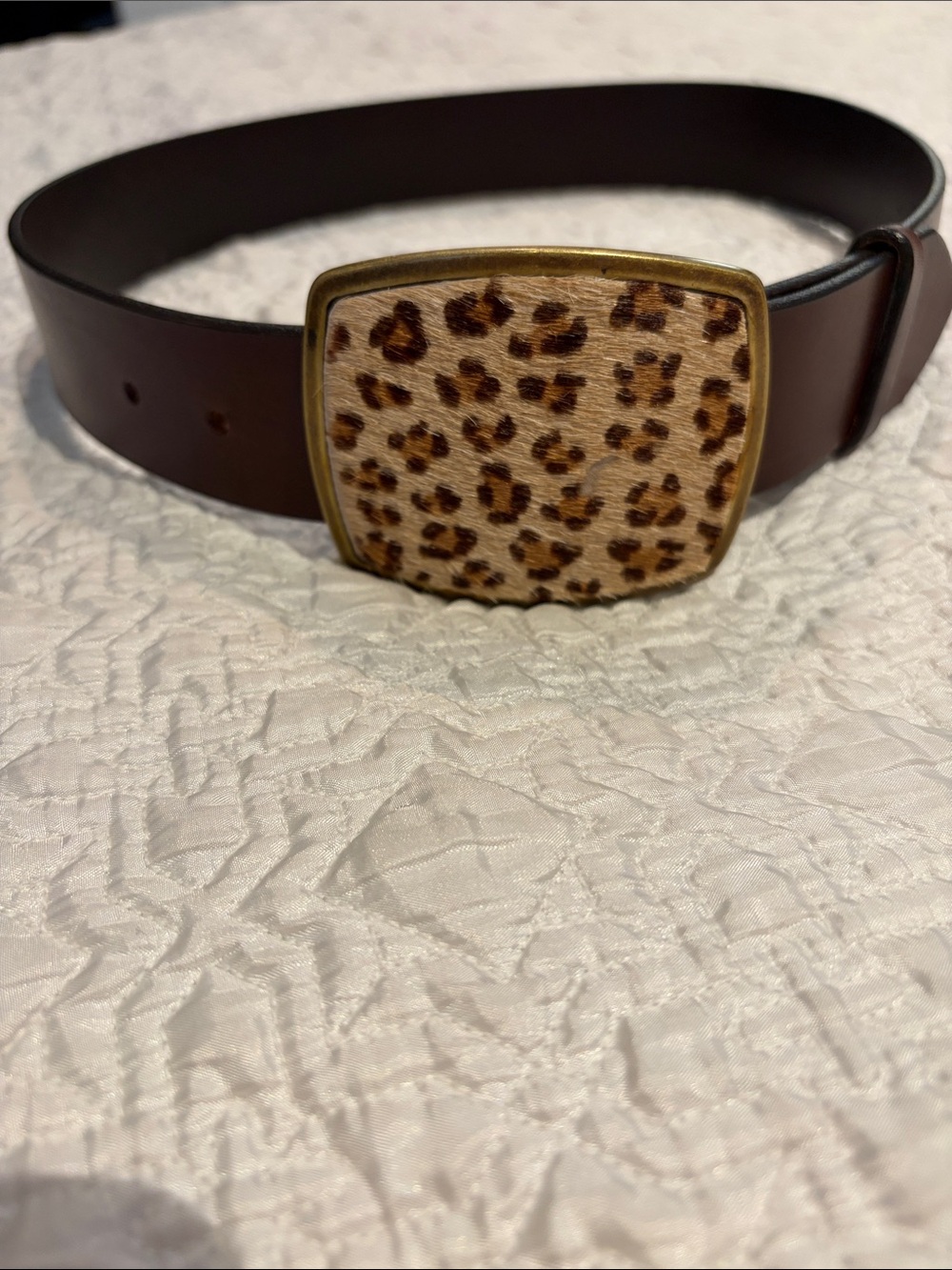 Old Navy Brown Leather Belt with Leopard Haircalf Gold Buckle